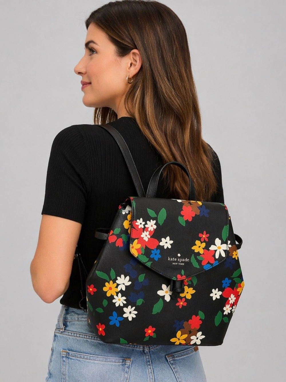 Kate Spade Mia Floral Backpack Black Multi Tossed Blooms Coated Canvas Flap Bag